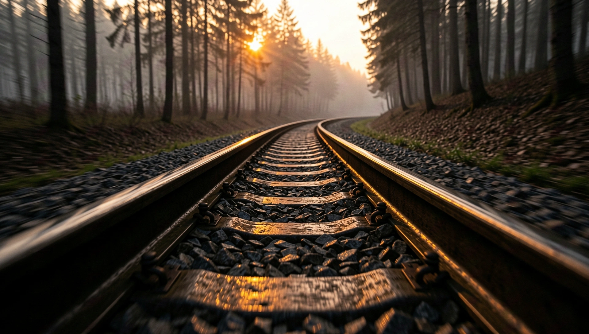 Regional rail tracks at sunset
